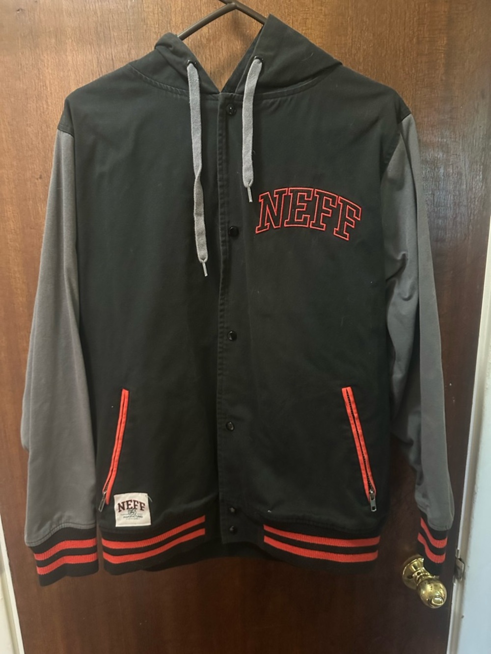 NEFF Vintage Y2K Streetwear Men's Black & Gray Hooded Snap-Button Varsity Jacket